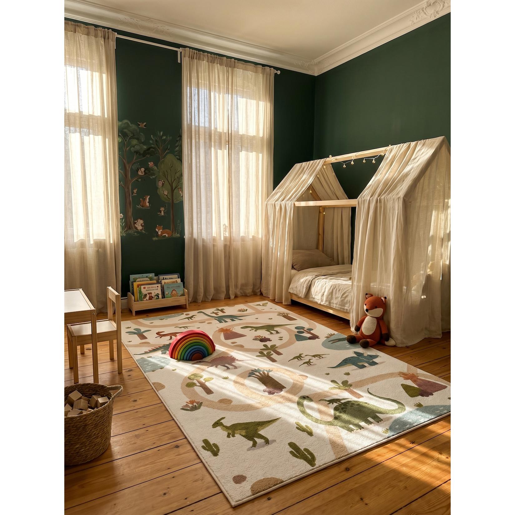 Kinderteppich Dinosaurier-Landschaft Creme 160x230 cm Waschbar