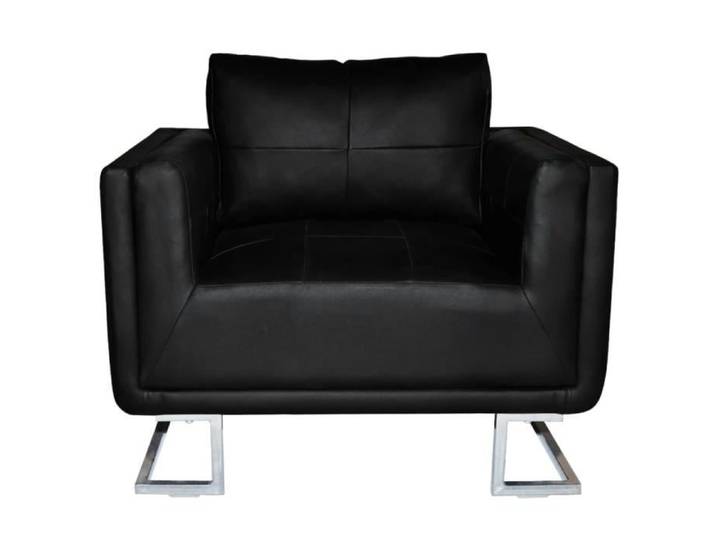 Fauteuil cube noir en simili cuir avec pieds chromés - QIM - design moderne et ergonomique