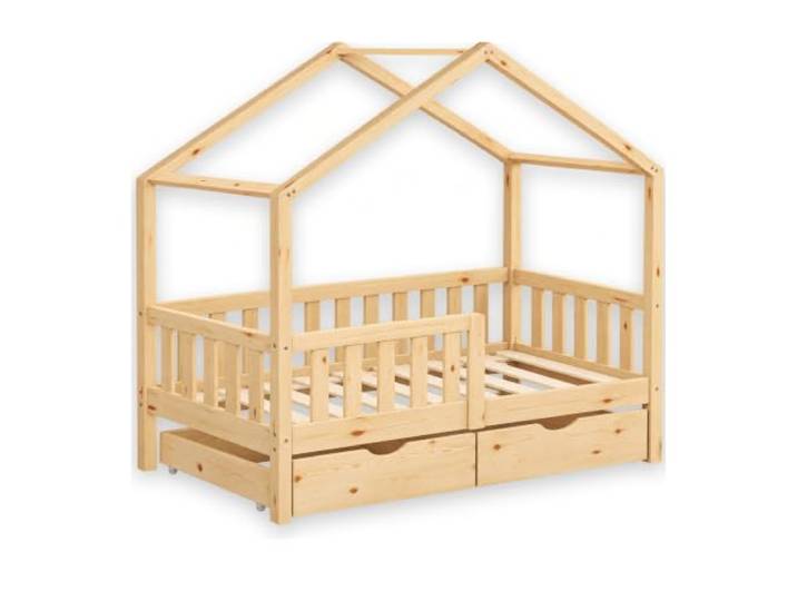 Easy Act Kinderbett Hausbett 90x200 cm Natur, Kiefernholz, 2 Schubladen Massives Kiefernholz 2 Schubladen Rausfallschutz & Lattenrost Hausdach ohne Matratze