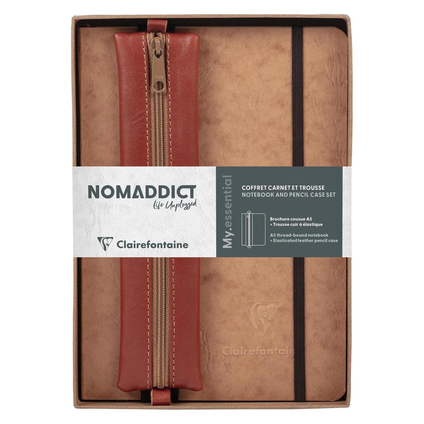Clairefontaine Nomaddict, Set mit Notizbuch A5 My.essential DOT + Federmäppchen, tabak - Tabak (A5) (793439C)