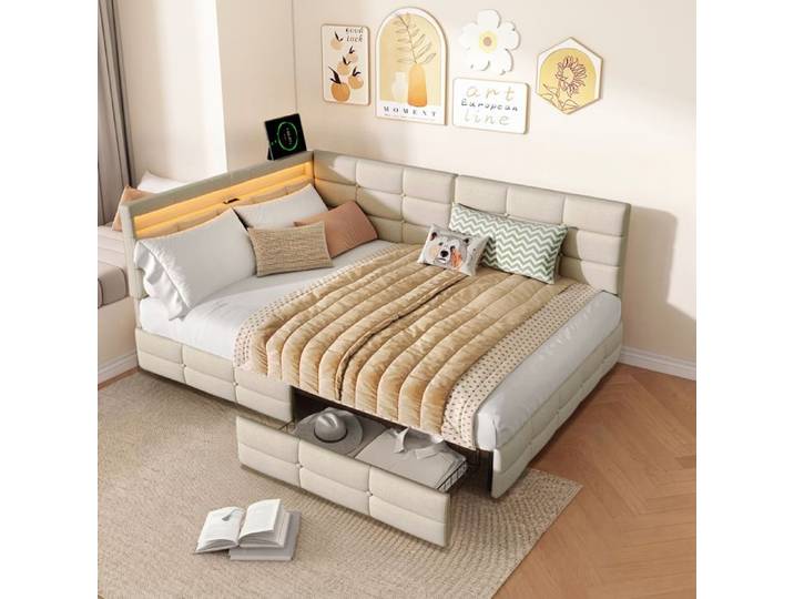 DADEA 140x190cm Lit Coffre Double Capitonné Rembourré avec led canapé-lit avec USB avec 2 tiroir avec Sommier à lattes Beige Lin