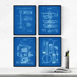 POSTER Set mit 4 Blau MusikPatenten A4 Schwarzer Rahmen