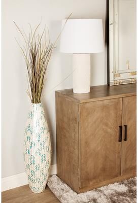 ARCILLA ELEMENTAL Cream Mother of Pearl Shell Handmade Tall Mosaic Decorative Vase with Blue Accents