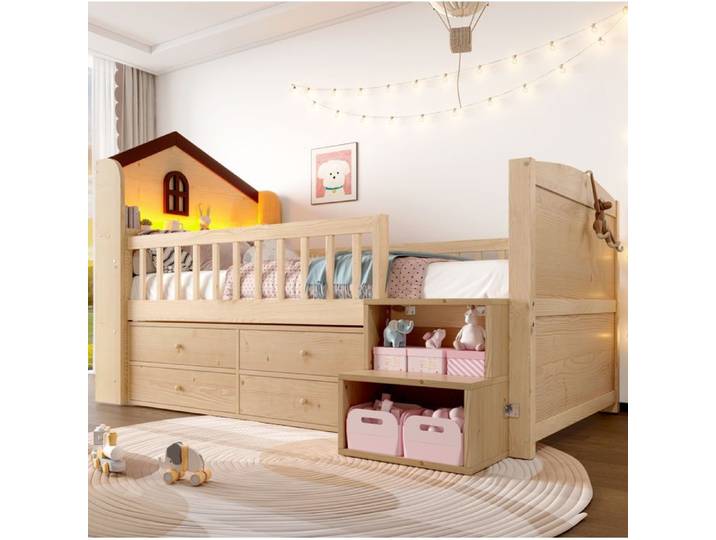 Lit mi-haut pour enfant - MAISENTIEL - Lit mi-haut en forme de maison - 90x200 - 4 tiroirs - LED intégrée