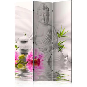 Artgeist Paravent Buddha and Orchids, innen 3-tlg., aus Holz / Stoff, Akustik, zweiseitig, 135 x 172cm