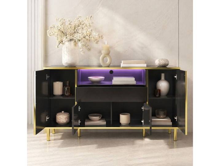 Buffet - ZEVKOR - Buffet Noir Haute Brillance - 4 portes - 1 tiroir - LED & compartiment ouvert doré