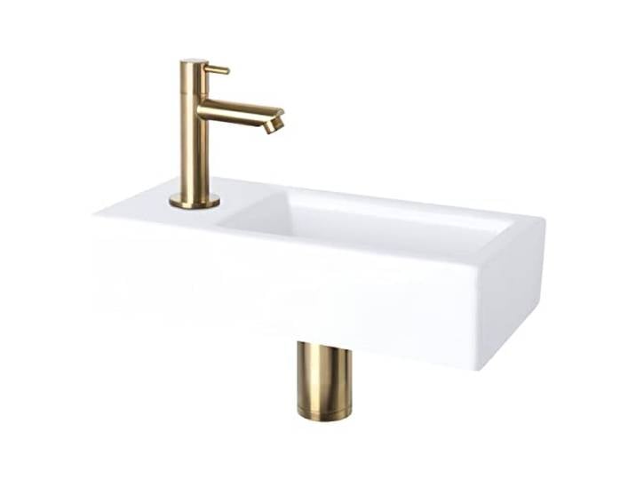 Differnz Helios Set Lavabo 37\,5x18\,5x9 cm – Vasque Céramique Blanche – Avec Robinet Droit Or Mat à Gauche – Ensemble WC Complet – Siphon et Bonde Always-Open Inclus – Murale