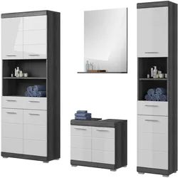 BADMÖBEL-SET weiß Hochglanz, grau 4-teilig 186 cm, Komplettset mit 14 Fächern