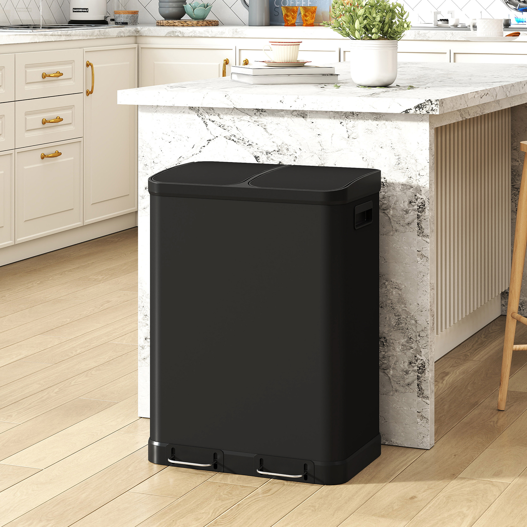 Homcom Pattumiera da cucina 2x30 L con pedale e chiusura ammortizzata, acciaio inox, nero   Aosom Italy