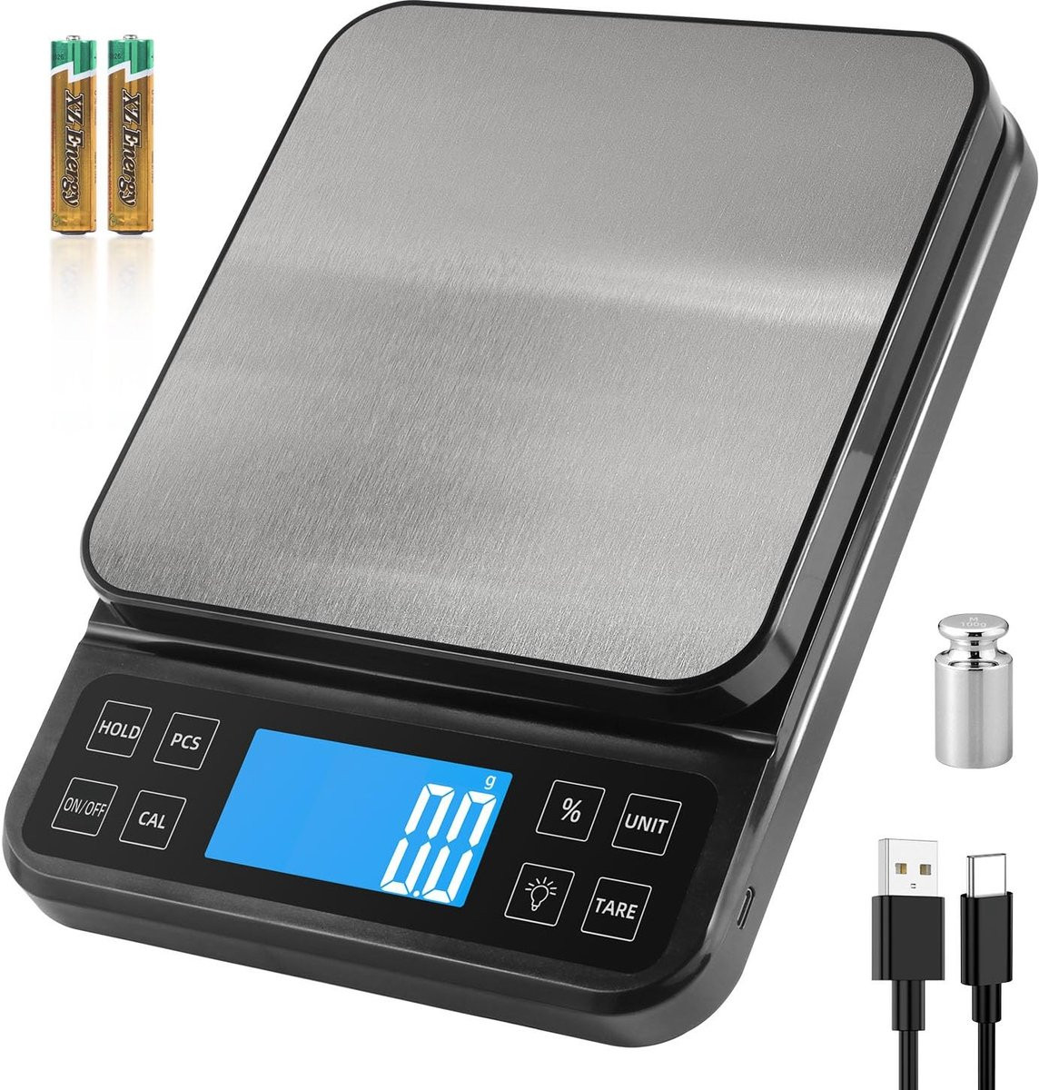 Digitale keukenweegschaal 0 g/5 kg met RVS weegplateau en % functie, oplaadbaar via USB