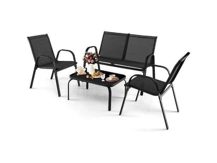 GIANTEX Ensemble Salon de Jardin Extérieur 4 Pcs pour 4 Personnes 2 Fauteuils+Banc à 2 Places+1 Table Basse en Verre Cadre en Métal
