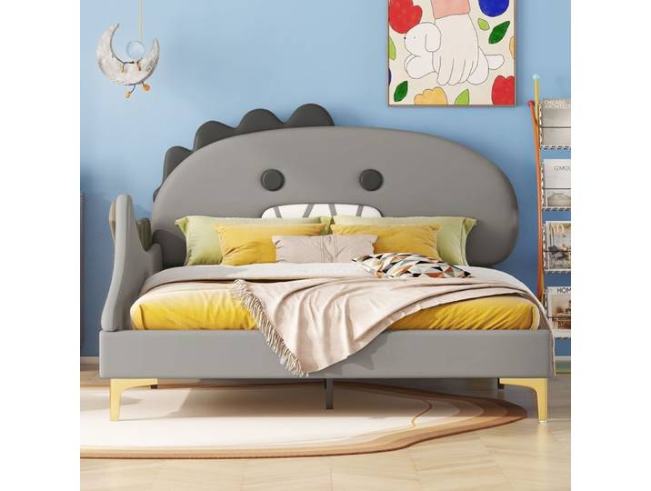 Lit Enfant Dinosaure Gris 140x200 cm Tête de Lit Forme Dinosaure Matériau PU Sommier à Lattes Inclus