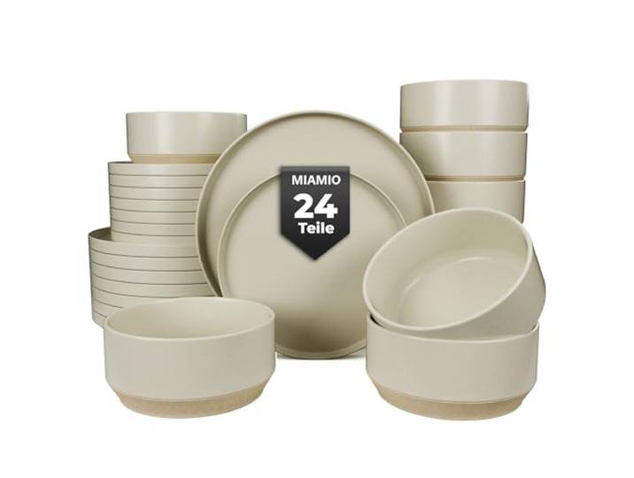 MIAMIO - Geschirrset 8 Personen, Keramik (24-teilig) - Sierra (Sand) Modernes Tafelservice Steingut / große & kleine Teller und Schüsseln, Keramik Geschirr Set - spülmaschinenfest