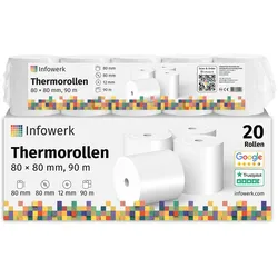 Infowerk Thermorollen / Kassenrollen, 20 Rollen, 80mm x 80mm x 12mm, 90m, PEFC zertifiziert, Für EPSON, IBM, u.v.m.