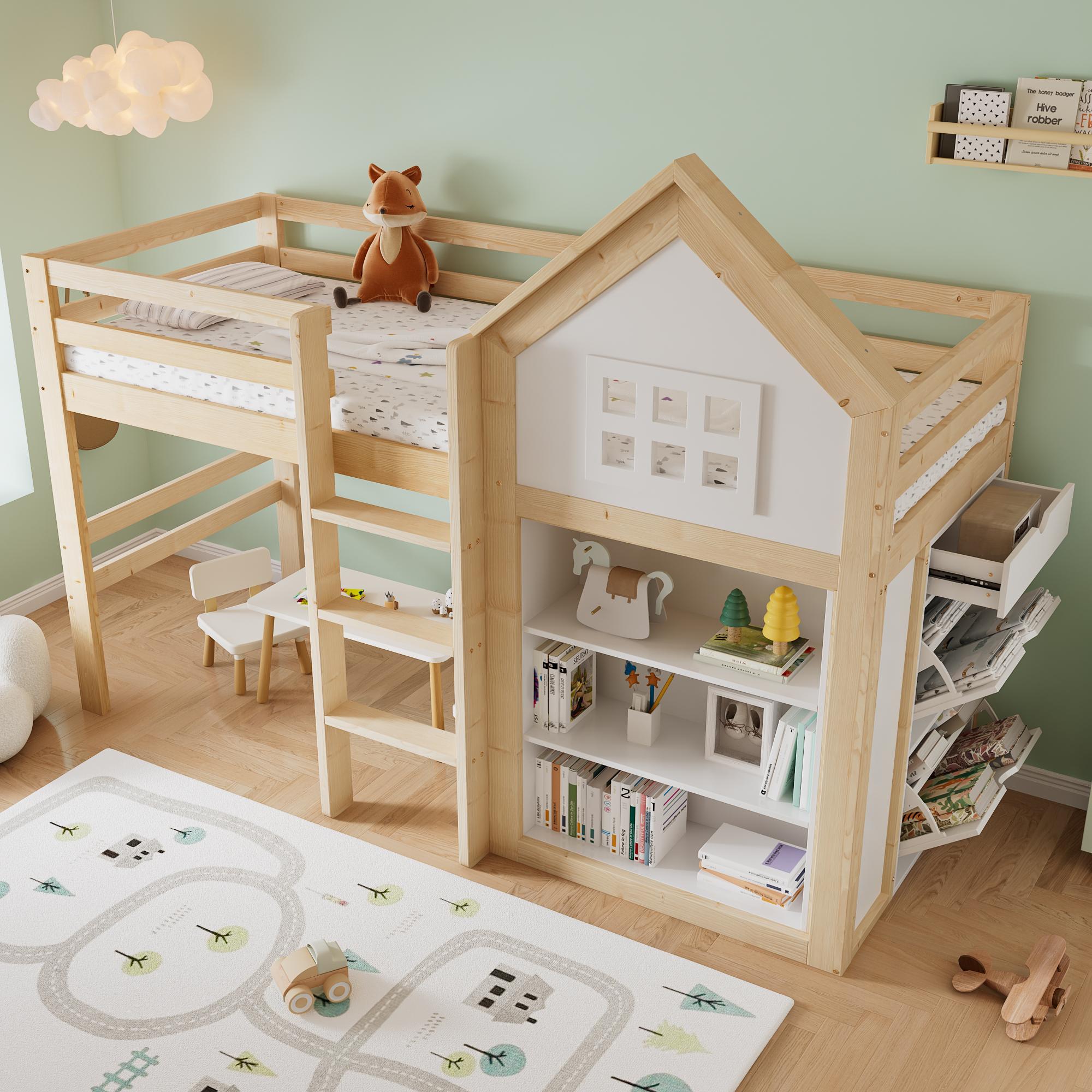 MODFU Hochbett 90x200 Hausdesign mit Staufächer und Schubladen Kinderbett mit Sicherheitsgeländer mit Matratze Weiß+Natur