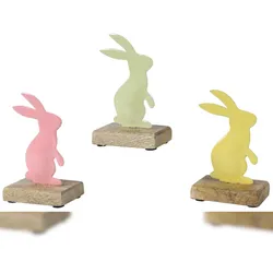 Decoris 1 Dekofigur Osterhase 12cm Metall Holz Dekohase Osterdeko Tischdeko Ostern Frühlingsdeko Osterschmuck Metalldeko Hase Figur Geschenk Gelb Grün Rosa