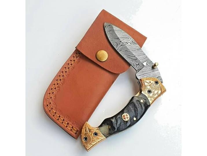 CRAFTOMATIK Golden Adler Damast Stahl Taschenmesser Klappmesser Widderhorn, Gravierte Edelstahl, Mosaik Stift Griff Handgefertigt Outdoor Damastmesser Camping Messer FK36