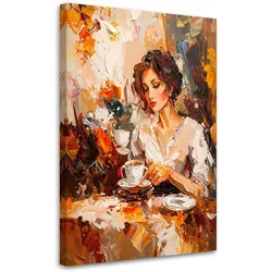 LEINWANDBILD Frau trinkt Kaffee Imitation von Farbe 80x120cm