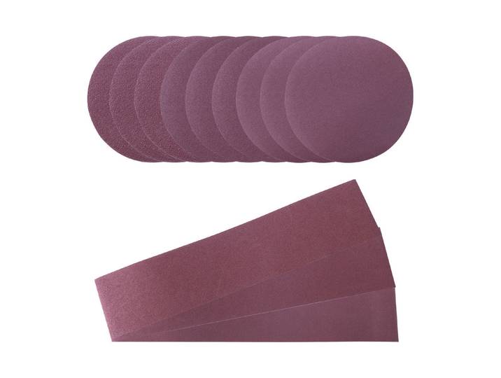 Schleif-Set 12-teilig bestehend aus 9x Rundschleifpapier je 3x K60, K100, K180& 3x Schleifband je 1x K80, K120, K180- passend für Band- und Tellerschleifer Bts900