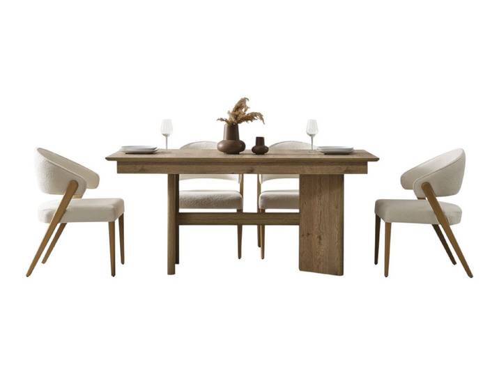 Villa Möbel Esszimmer-Set Anka, (Esszimmer-Set, 7-St., Esstisch und 6 Stühle), Warme Holzoptik mit hellen Sitzen wohnlich und zeitlos