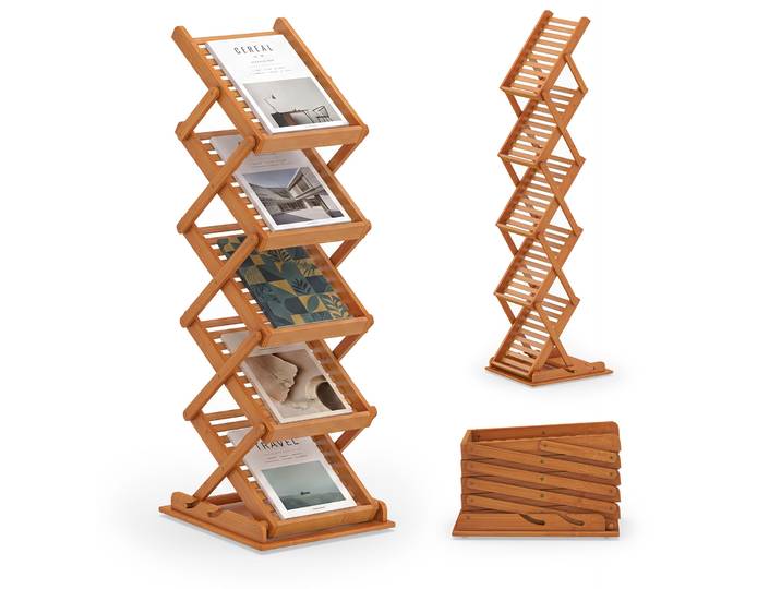 Porte-revues Pliable En Bambou Avec 2 Hauteurs Réglables Présentoir À Brochures Sur Pied À 5 Niveaux Pour Magazines\, Livres\, Expositions\, Bureau