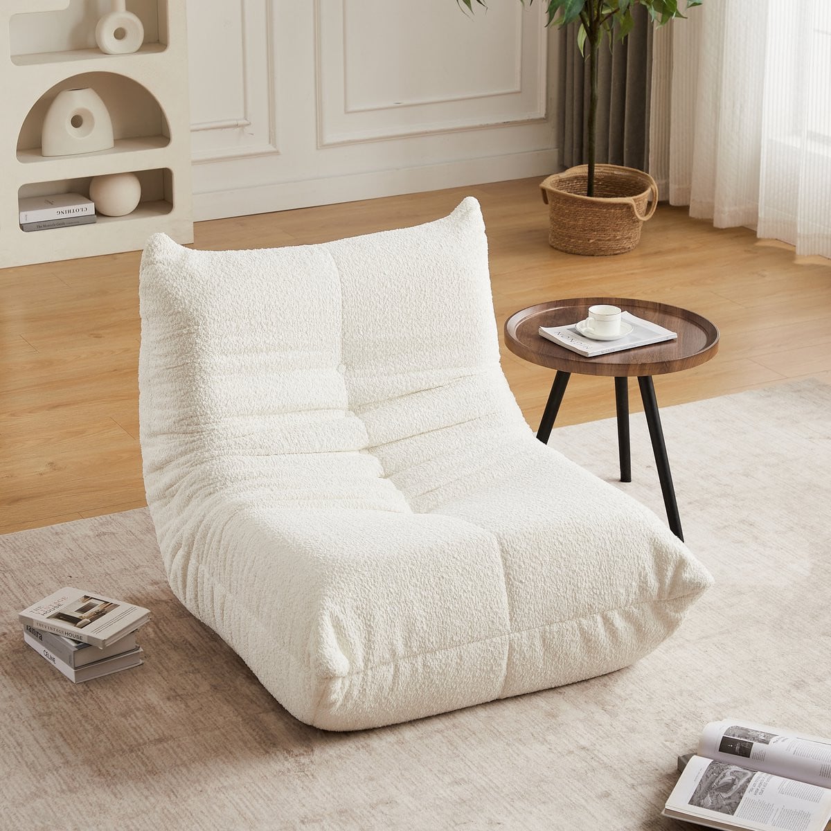 Chenille Vloerstoel - Moderne Lounge Stoel zonder Armleuningen - Beige