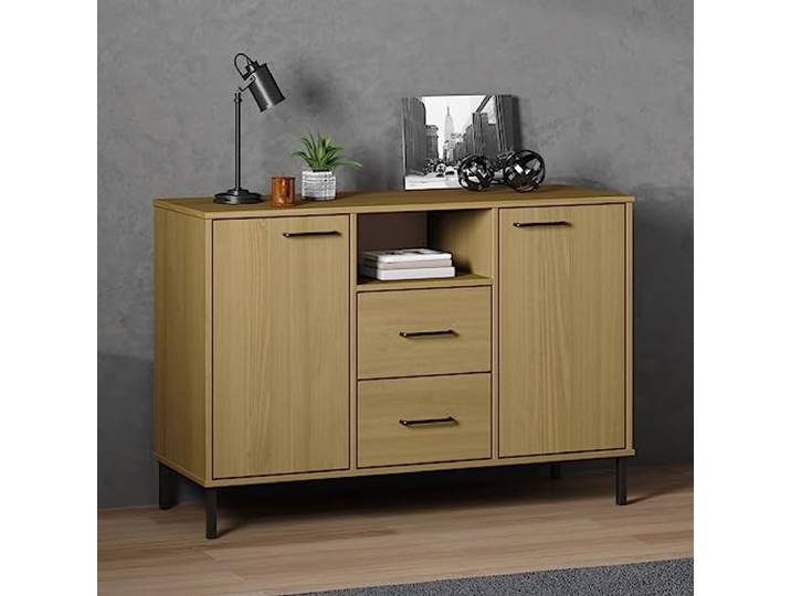 HEFZGDB Praktisches Sideboard mit Fächern und Schubladen, viel Stauraum und Metallfüßen aus massivem Kiefernholz im industriellen Design mit robuster, Stabiler Oberplatte