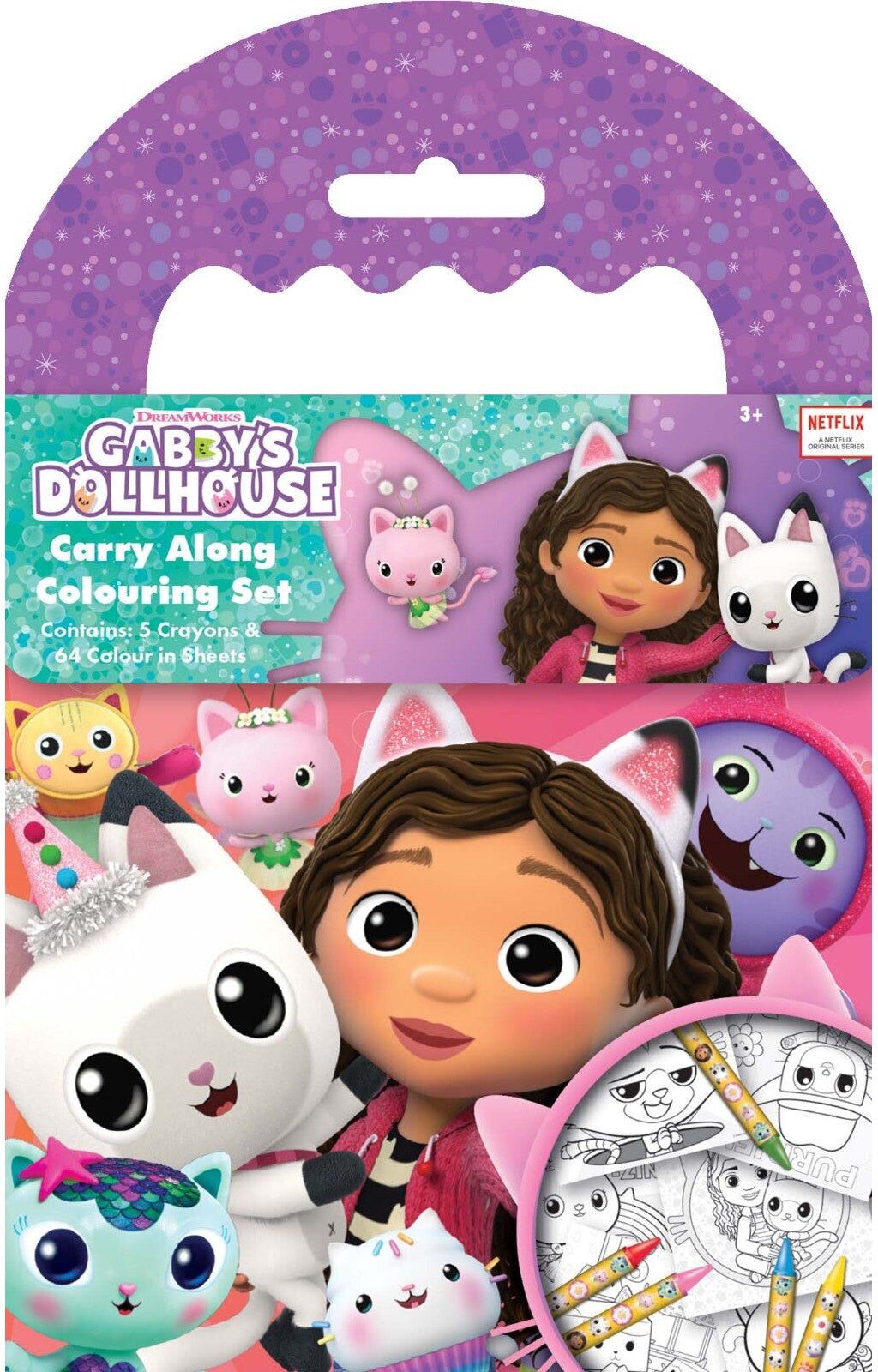 IG Design Group Gabby's Dollhouse Carry Along Colouring Set - 64 colour-in sheets and 5 crayons for Ages 3 and Over