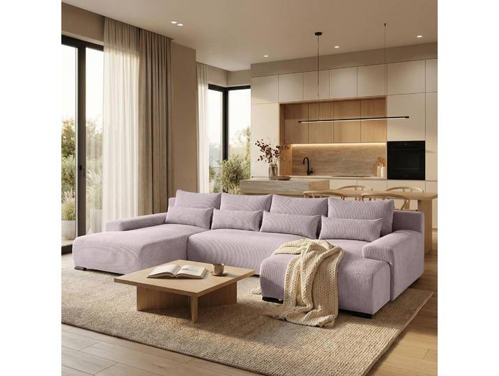 Ecksofa BENNY Rosa U-Form Modernes Polstersofa mit Schlaffunktion und Bettkasten
