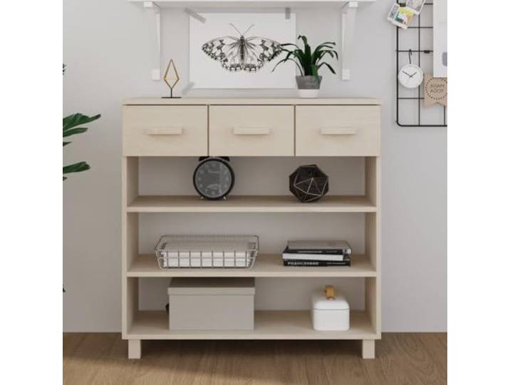 HKLGBVCR Hamar Konsole, Tisch, honigbraun, 90 x 35 x 90 cm, massives 3 Einlegeböden, 3 ausziehbare Schubladen, praktische Aufbewahrung, robuste Oberseite zur Dekoration