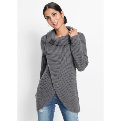 Strickpullover BONPRIX "Grobstrick-Pullover", Damen, Gr. 40/42 (M), grau (dunkelgrau meliert), Grobstrick, Obermaterial: 100% Polyacryl, Strukturmuster, meliert, unifarben, loose fit Po-bedeckend, Rundhals, Strickkante, Pullover Strickpullover, mit...
