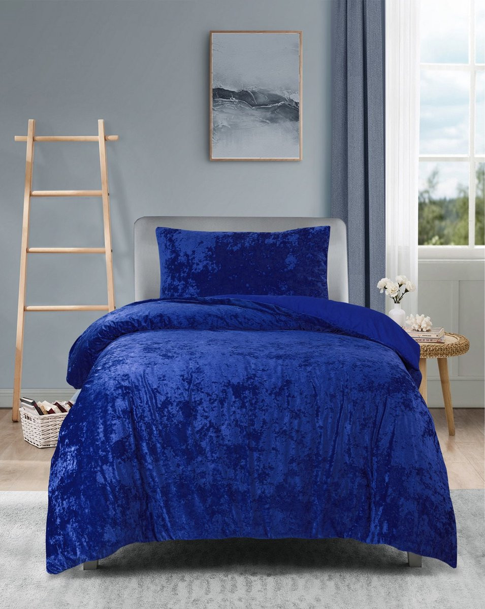 Princess Crushed Velvet Dekbedovertrek met Kussensloop - Donker Blauw - 140x200 cm