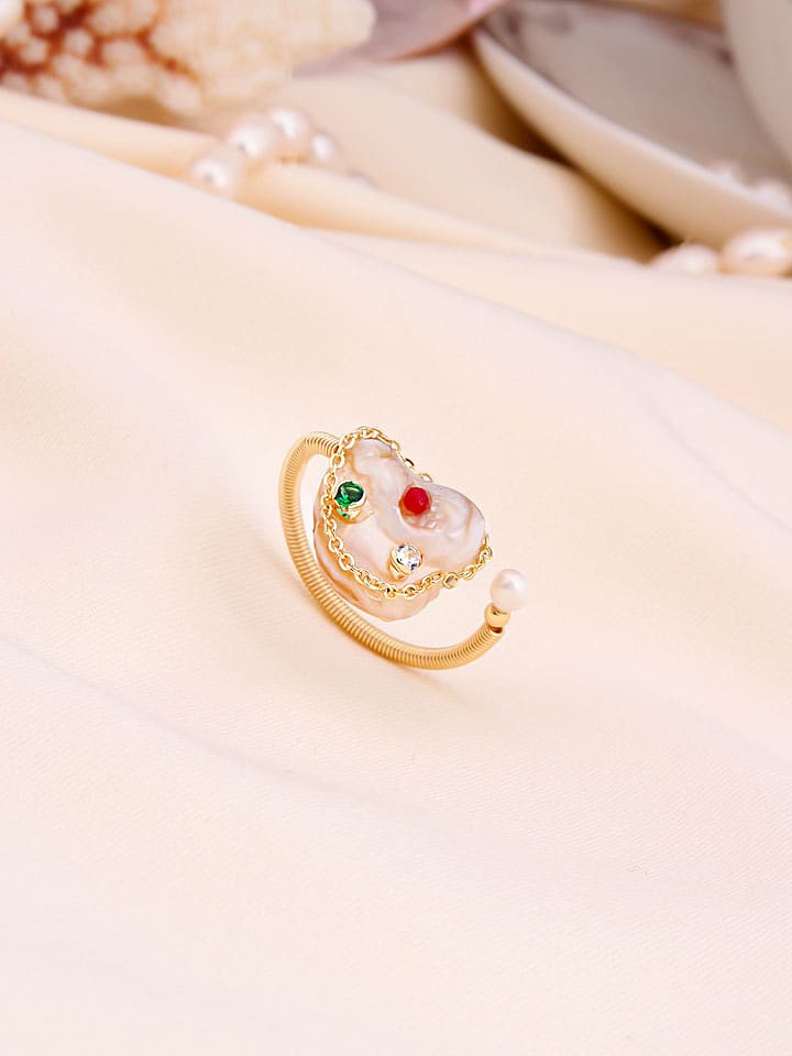 L'Atelier de Gaia Vergold. Ring mit Edelsteinen und Perlen - onesize