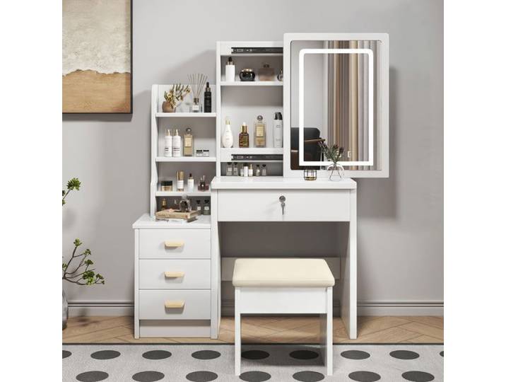 Coiffeuse miroir LED blanche 85 cm avec tabouret