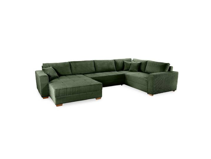 WOHNLANDSCHAFT Schlaffunktion Bettkasten Wellenunterfederung, spiegelverkehrt montierbar U-Form B379/T227/H86 cm, Cord Grün / 15199