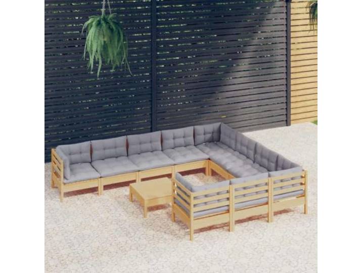 WDGJJFECNMUEHI Bois de pin massif Modulable Avec coussins 11 pièces Gris Salon de jardin 11 pieces bois de pin massif avec coussins gris, ensemble modulable exterieur avec repose-pieds, resistant