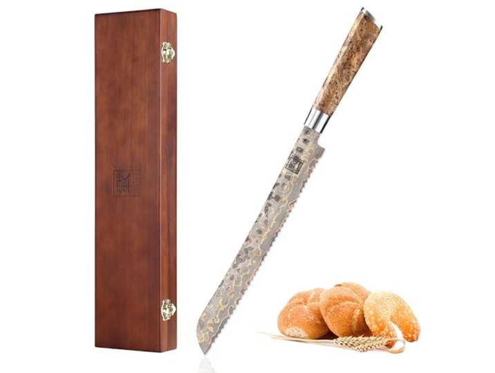 zayiko MysticMagma Brotmesser 27 cm mit Wellenschliff, 67 Lagen Damaststahl VG10-Kern, Kupfer-Bronze-Einlage, DualCurve-Griff aus Ahornwurzelholz, einseitiger 15° Anschliff, 60±2 HRC, Holz-Geschenkbox