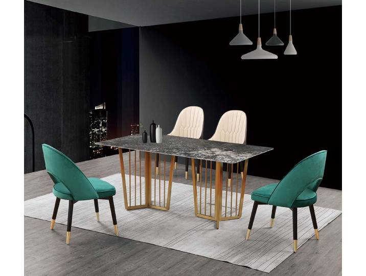 JVmoebel Essgruppe Esstisch mit Marmor-Oberfläche und eleganten Stühlen in Grau, (5-tlg), Made in Europa