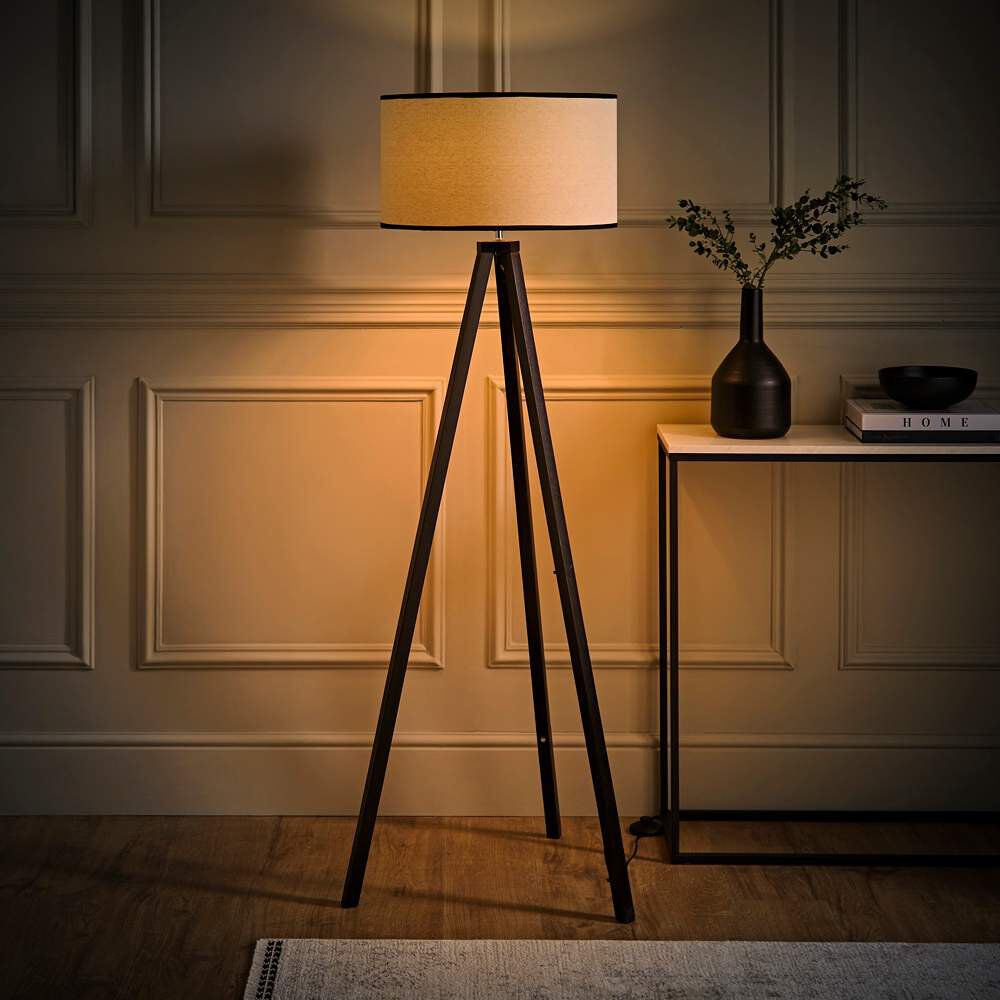 World Menagerie Hannibal 151 H cm Tripod Floor Lamp Black/Natural/Black 151cm H X 45cm W X 45cm D