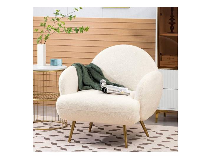 LuxusKollektion Loungesessel Loungesessel Teddystoff Weiß Gold Metallbeine Weiß-gold