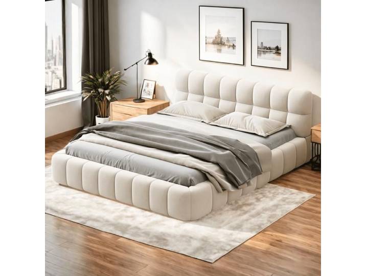 Lit double rembourré 160x200 cm - lit adulte avec tête de lit rembourré - lin - beige