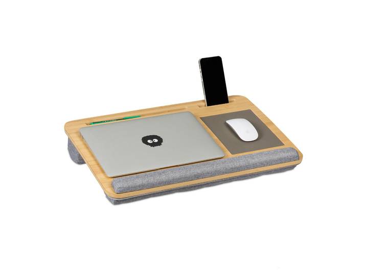 Relaxdays Laptopkissen Natur Grau Bambus mit Mauspad 55,5x36 cm, Mehrfarbig, Holz, Textil, Rechteckig, 55.5x10x36 cm, Büromöbel, Bürozubehör