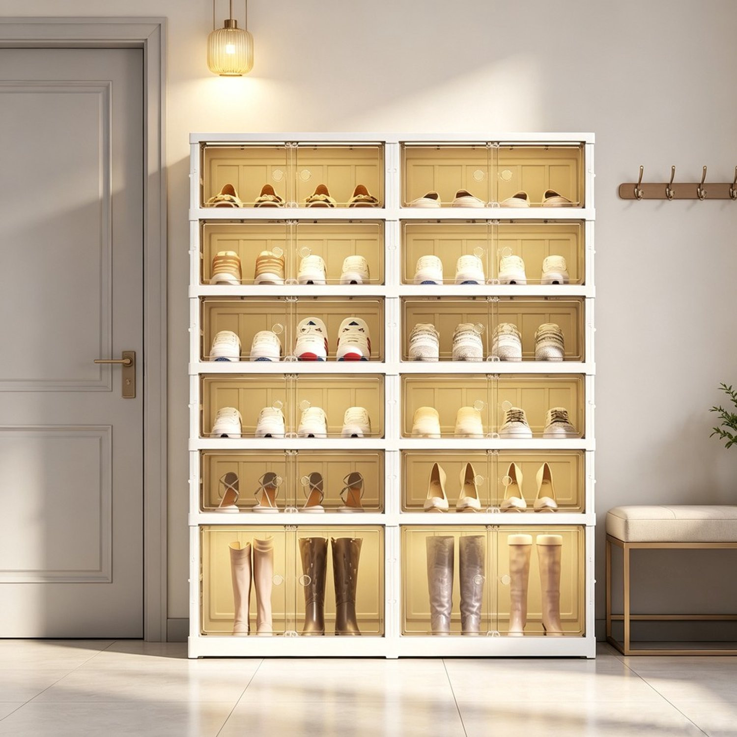 Pugsdrly Opvouwbare schoenenkast van PP, 6-laags met halfdoorzichtige magneetdeuren en laarzenvak, ruimte voor 24 paar schoenen