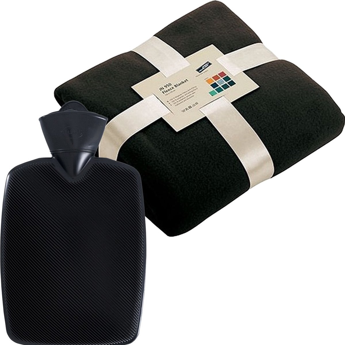 Zwarte fleece deken en zwarte warmwaterkruik van 2 liter