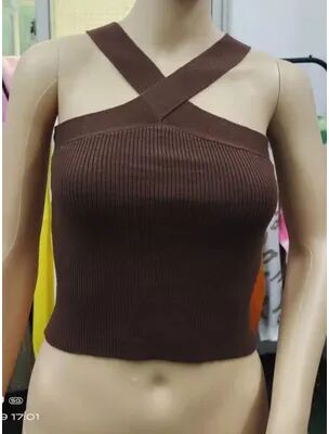 Women Boutique Sexy Women Knitted Tank Tops, Summer Slim Off Shoulder Cropped Solid Halter Base Vest Black For Women brown l