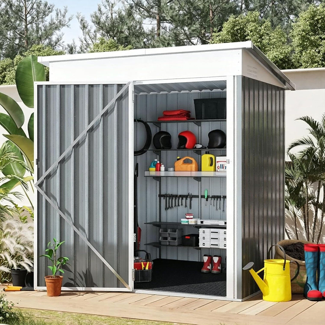 AECOJOY 5 X 3 Ft Outdoor Garden Storage Shed With Reinforced Floor For Backyard Patio Lawn Dark Grey 149.6cm W X 64.2cm D X 181cm H