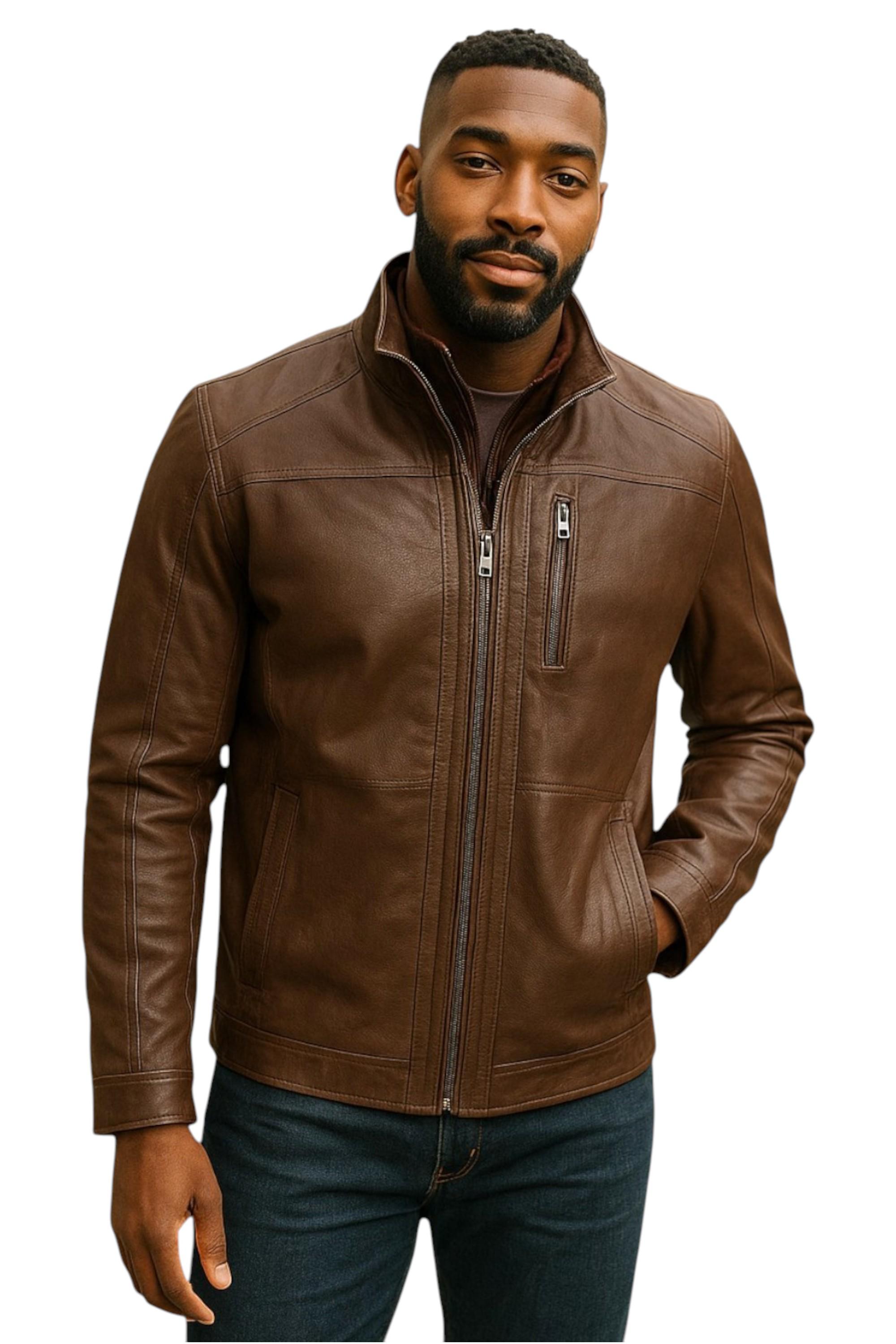 Infinity Leather Warmer, mittellanger Ledermantel für Herren, Modell Warwick - Braun