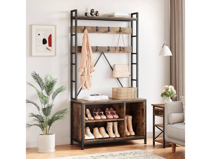 Meuble d'entrée Industriel Avec Banc Porte-Manteau Meuble à Chaussures Pour Vestiaire Couloir Entrée Brun Rustique - Brun