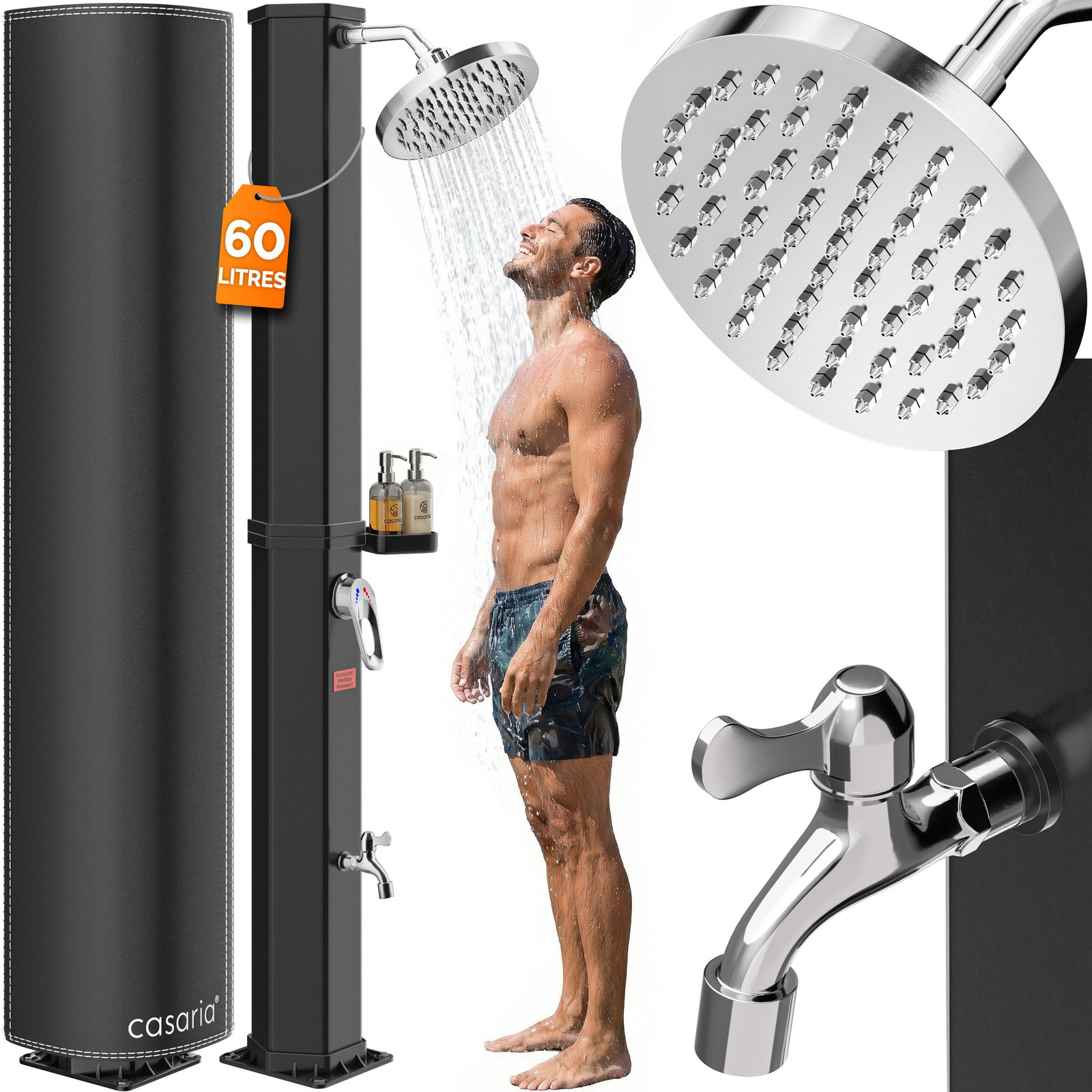 Casaria Zonneboiler met afdekking van 105GSM, 60 liter, UV-bestendig