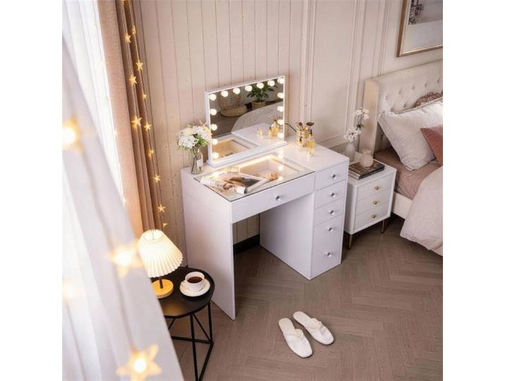 FENCHILIN Coiffeuse avec Miroir LED 6 Tiroirs Blanc 92 x 55 x 127 cm